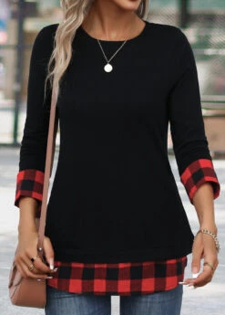 Red Patchwork Plaid Long Sleeve Round Neck T Shirt 13 Red Patchwork Plaid Long Sleeve Round Neck T Shirt -Modlily Shop 342237 P 16958640655055