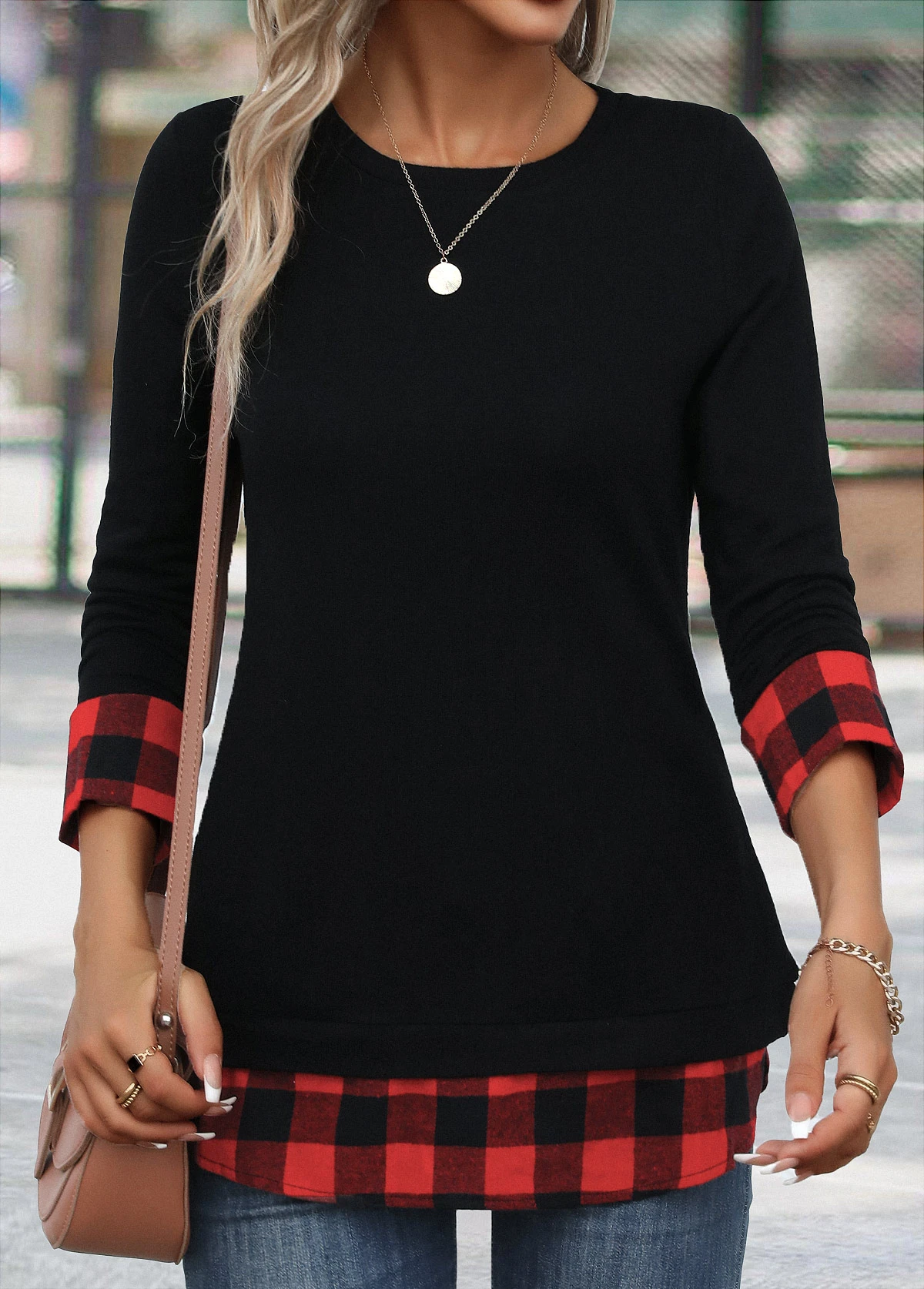 Red Patchwork Plaid Long Sleeve Round Neck T Shirt 8 Red Patchwork Plaid Long Sleeve Round Neck T Shirt - Image 6