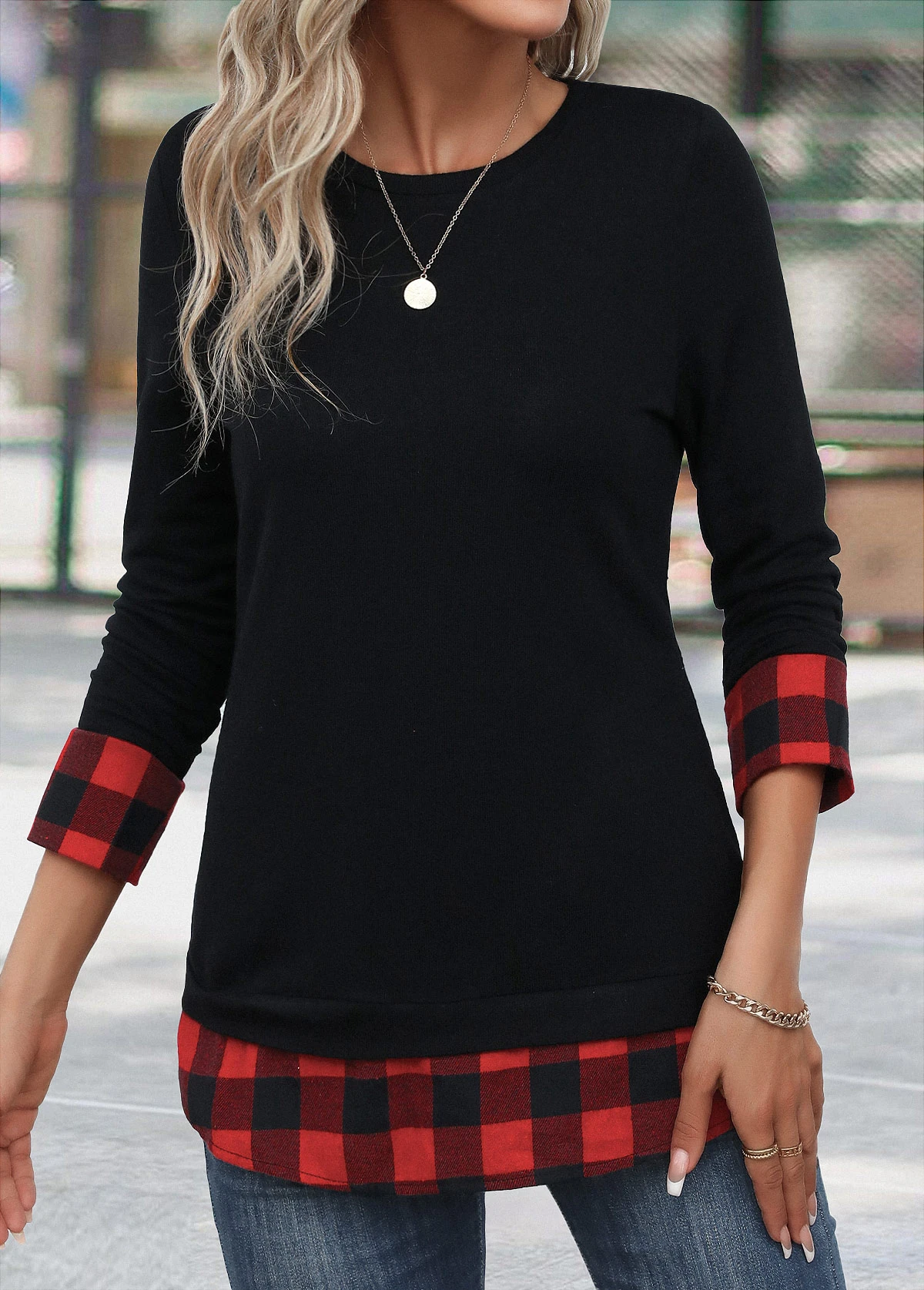 Red Patchwork Plaid Long Sleeve Round Neck T Shirt 7 Red Patchwork Plaid Long Sleeve Round Neck T Shirt - Image 5