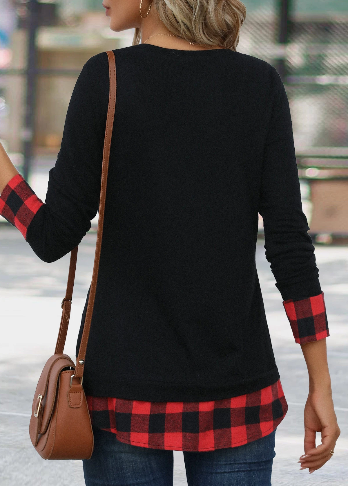 Red Patchwork Plaid Long Sleeve Round Neck T Shirt 4 Red Patchwork Plaid Long Sleeve Round Neck T Shirt - Image 2
