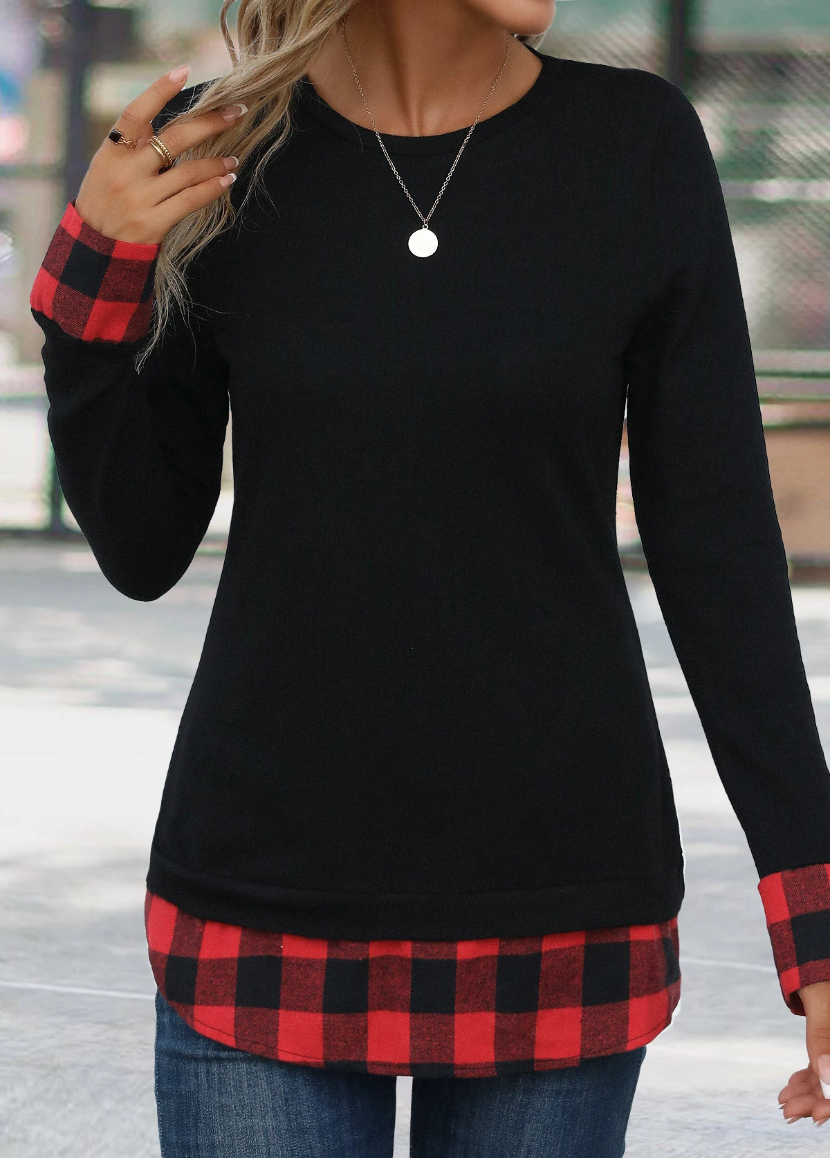 Red Patchwork Plaid Long Sleeve Round Neck T Shirt 6 Red Patchwork Plaid Long Sleeve Round Neck T Shirt - Image 4
