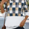 White Patchwork Plaid Long Sleeve Hoodie -Modlily Shop 342249 P 16958640475180