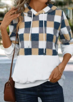White Patchwork Plaid Long Sleeve Hoodie