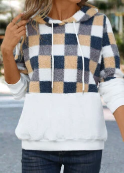 White Patchwork Plaid Long Sleeve Hoodie -Modlily Shop 342249 P 16958640483273