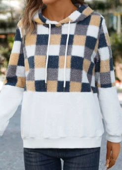 White Patchwork Plaid Long Sleeve Hoodie -Modlily Shop 342249 P 16958640489185