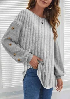 Grey Button Long Sleeve Round Neck Sweatshirt -Modlily Shop 342301 P 1694139553452