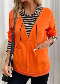 Orange Fake 2in1 Striped Long Sleeve Hoodie -Modlily Shop 342308 P 16989206557613
