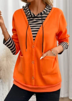 Orange Fake 2in1 Striped Long Sleeve Hoodie -Modlily Shop 342308 P 16989206557972