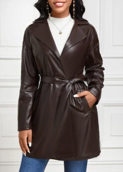 Dark Coffee Pocket Long Sleeve Lapel Trench Coat