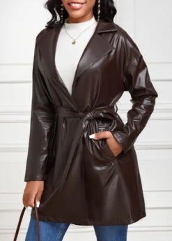 Dark Coffee Pocket Long Sleeve Lapel Trench Coat -Modlily Shop 342356 P 16956398587572