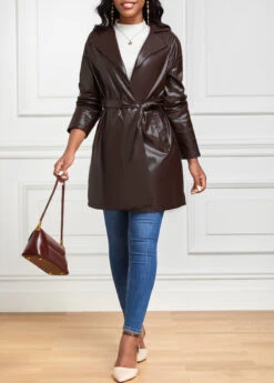 Dark Coffee Pocket Long Sleeve Lapel Trench Coat -Modlily Shop 342356 P 16956398588814