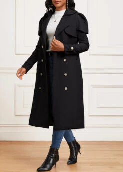Black Pocket Long Sleeve Lapel Trench Coat -Modlily Shop 342359 P 16956398553292