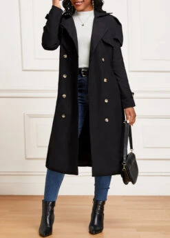 Black Pocket Long Sleeve Lapel Trench Coat -Modlily Shop 342359 P 16956398555495