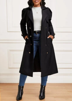Black Pocket Long Sleeve Lapel Trench Coat -Modlily Shop 342359 P 16956398556263