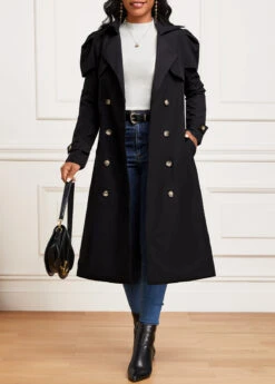 Black Pocket Long Sleeve Lapel Trench Coat