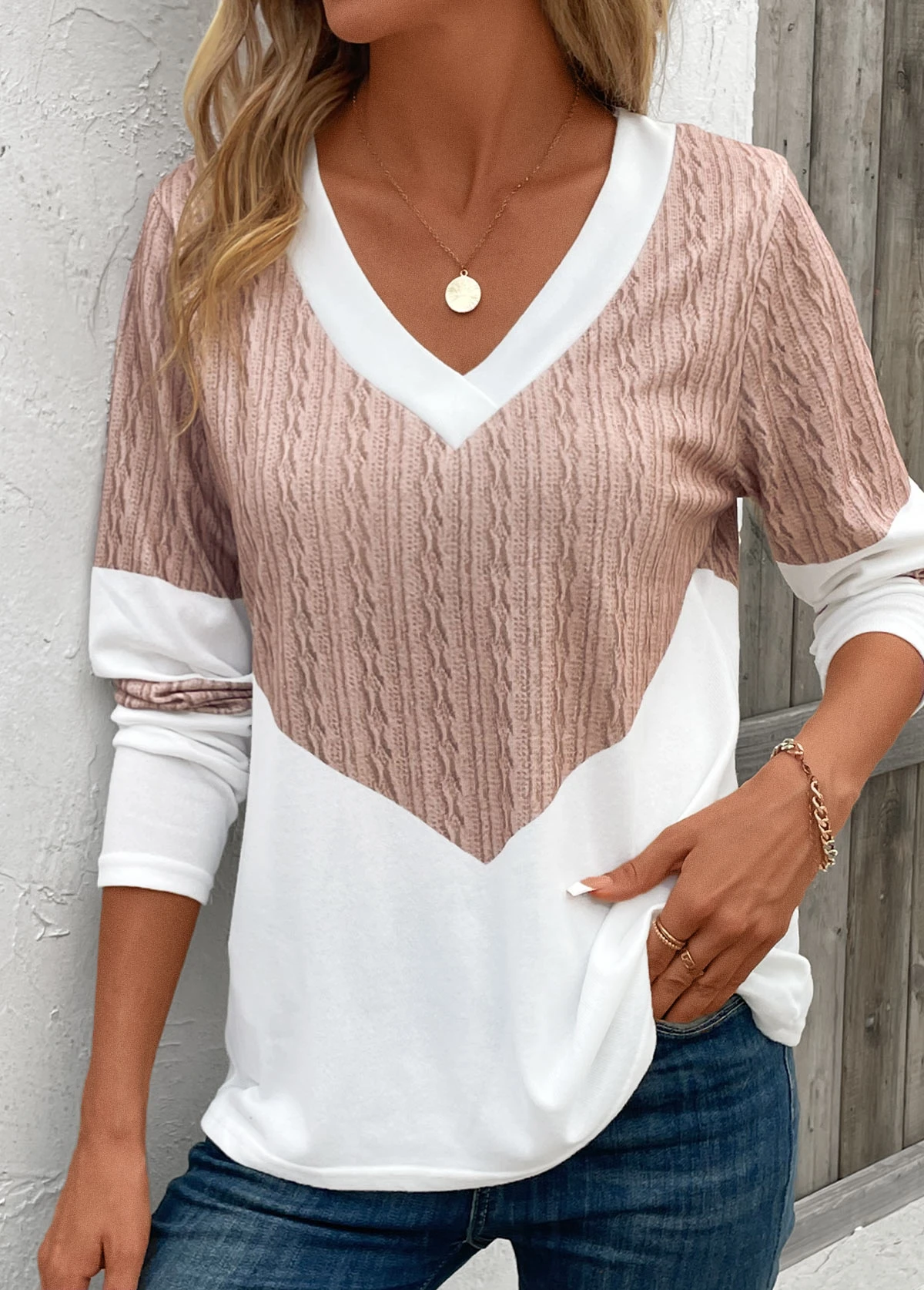 Light Camel Patchwork Geometric Print Long Sleeve T Shirt 5 Light Camel Patchwork Geometric Print Long Sleeve T Shirt - Image 3