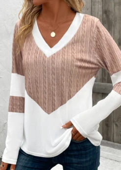 Light Camel Patchwork Geometric Print Long Sleeve T Shirt 12 Light Camel Patchwork Geometric Print Long Sleeve T Shirt -Modlily Shop 342383 P 16967609064024