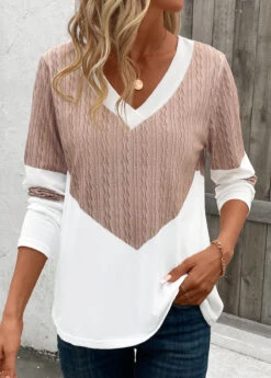 Light Camel Patchwork Geometric Print Long Sleeve T Shirt