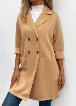 Light Camel Pocket Long Sleeve Lapel Coat -Modlily Shop 342386 P 16958089620445