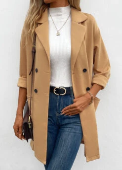 Light Camel Pocket Long Sleeve Lapel Coat -Modlily Shop 342386 P 16958089621382
