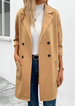 Light Camel Pocket Long Sleeve Lapel Coat