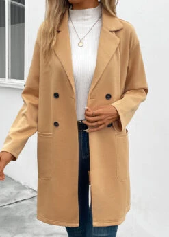 Light Camel Pocket Long Sleeve Lapel Coat -Modlily Shop 342386 P 16958089623483