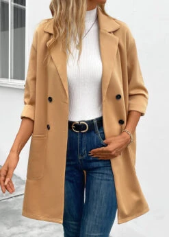Light Camel Pocket Long Sleeve Lapel Coat -Modlily Shop 342386 P 16958089626394