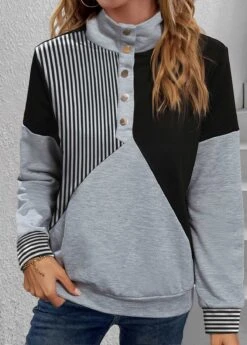 Black Snap Button Striped Long Sleeve Turtleneck Sweatshirt