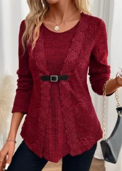 Wine Red Fake 2in1 Long Sleeve T Shirt