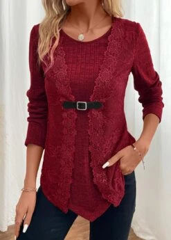 Wine Red Fake 2in1 Long Sleeve T Shirt -Modlily Shop 342395 P 16987498303663