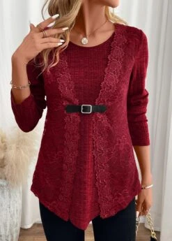 Wine Red Fake 2in1 Long Sleeve T Shirt -Modlily Shop 342395 P 16987498309620