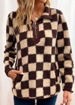 Dark Coffee Zipper Plaid Long Sleeve Sweatshirt -Modlily Shop 342413 P 16987498123114