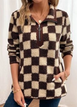 Dark Coffee Zipper Plaid Long Sleeve Sweatshirt -Modlily Shop 342413 P 16987498123522