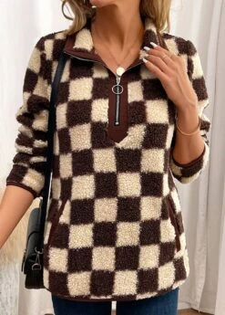 Dark Coffee Zipper Plaid Long Sleeve Sweatshirt -Modlily Shop 342413 P 16987498125300