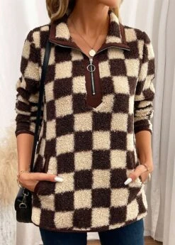 Dark Coffee Zipper Plaid Long Sleeve Sweatshirt -Modlily Shop 342413 P 16987498127955