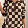 Dark Coffee Zipper Plaid Long Sleeve Sweatshirt -Modlily Shop 342413 P 16987498128973