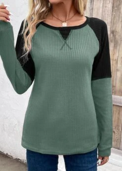 Green Patchwork Long Sleeve Round Neck T Shirt -Modlily Shop 342444 P 16944871785803