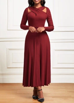 Wine Red Criss Cross Long Sleeve Maxi Dress -Modlily Shop 342451 P 16958089451413