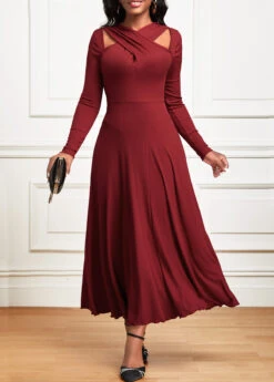 Wine Red Criss Cross Long Sleeve Maxi Dress