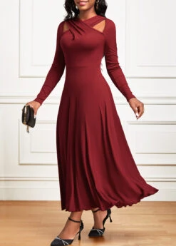 Wine Red Criss Cross Long Sleeve Maxi Dress -Modlily Shop 342451 P 16958089459552