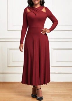 Wine Red Criss Cross Long Sleeve Maxi Dress -Modlily Shop 342451 P 16958089465124