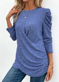 Denim Blue Twist Long Sleeve Round Neck T Shirt -Modlily Shop 342472 P 16952991935825