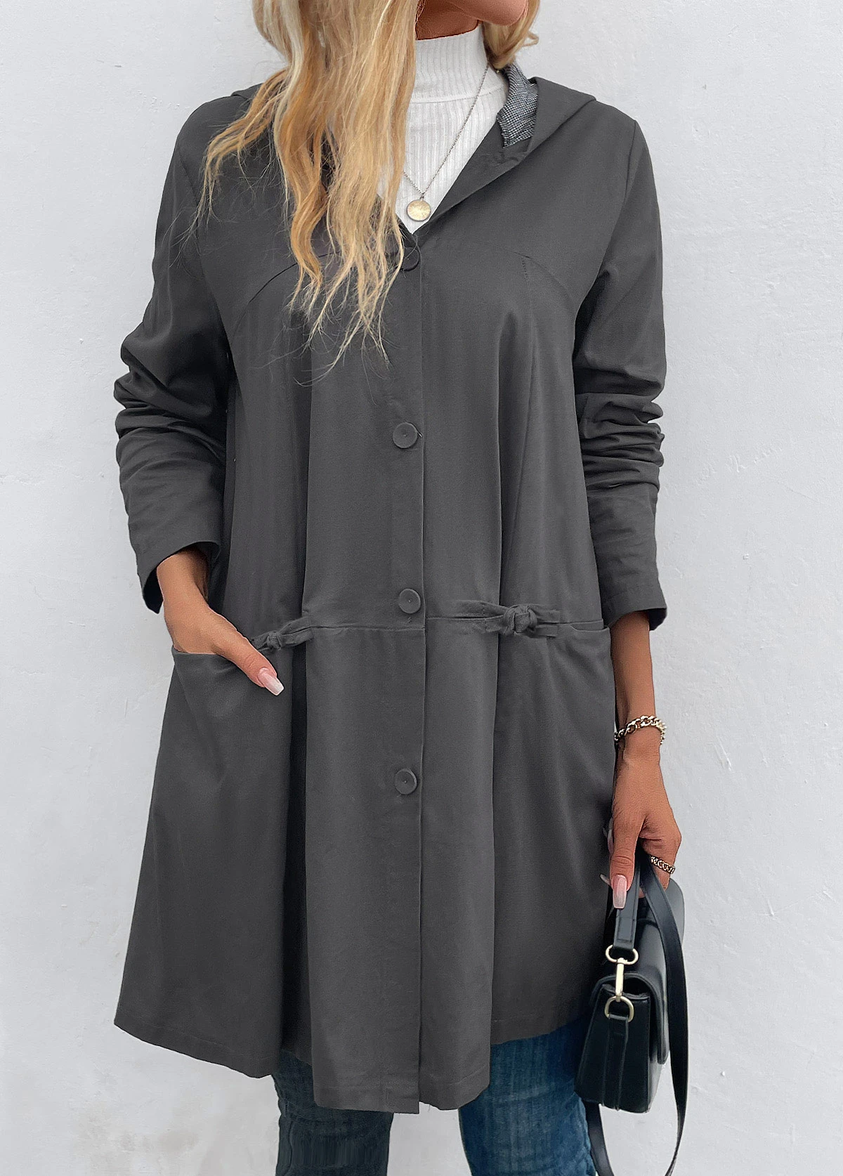 Dark Grey Pocket Long Sleeve Hooded Coat 3 Dark Grey Pocket Long Sleeve Hooded Coat