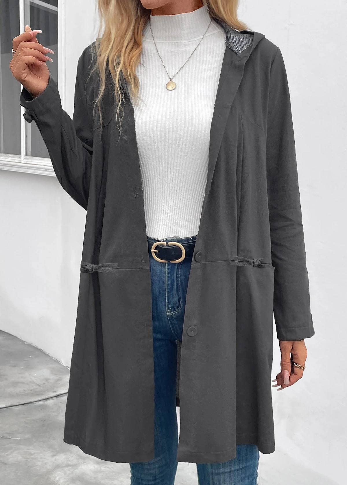 Dark Grey Pocket Long Sleeve Hooded Coat 8 Dark Grey Pocket Long Sleeve Hooded Coat - Image 6