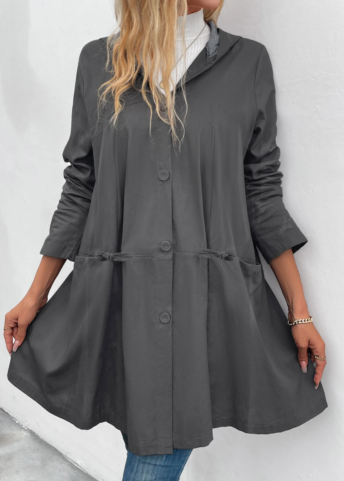 Dark Grey Pocket Long Sleeve Hooded Coat 7 Dark Grey Pocket Long Sleeve Hooded Coat - Image 5