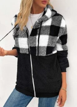 Black Pocket Plaid Long Sleeve Hooded Coat -Modlily Shop 342481 P 16952991707592