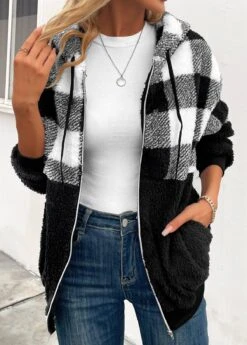 Black Pocket Plaid Long Sleeve Hooded Coat