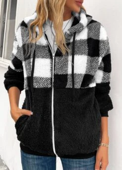 Black Pocket Plaid Long Sleeve Hooded Coat -Modlily Shop 342481 P 16952991708284