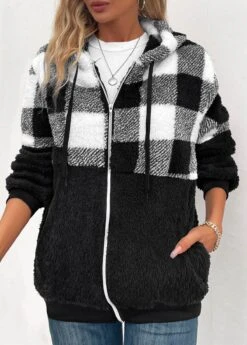 Black Pocket Plaid Long Sleeve Hooded Coat -Modlily Shop 342481 P 16952991708933