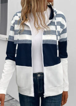 Navy Pocket Striped Long Sleeve Hooded Coat -Modlily Shop 342484 P 16953782141572